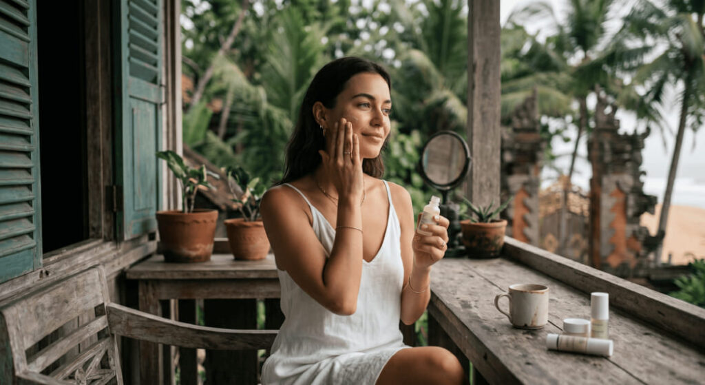 Woman receiving Oxygen Facial at Moii Aesthetic Clinic Bali for vacation skin recovery.
